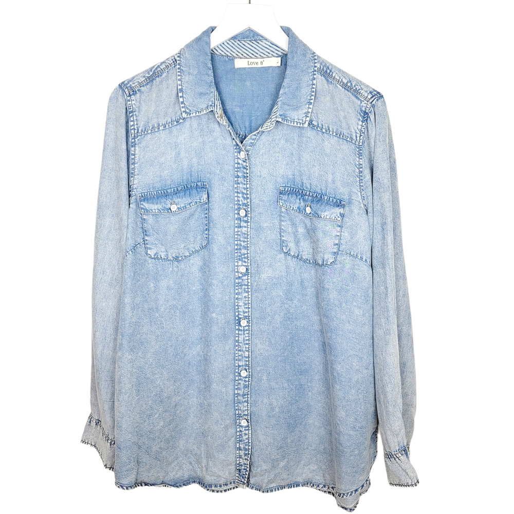LOVE 8 Acid Wash Chambray 100% Lyocell Button Down Shirt - Size L